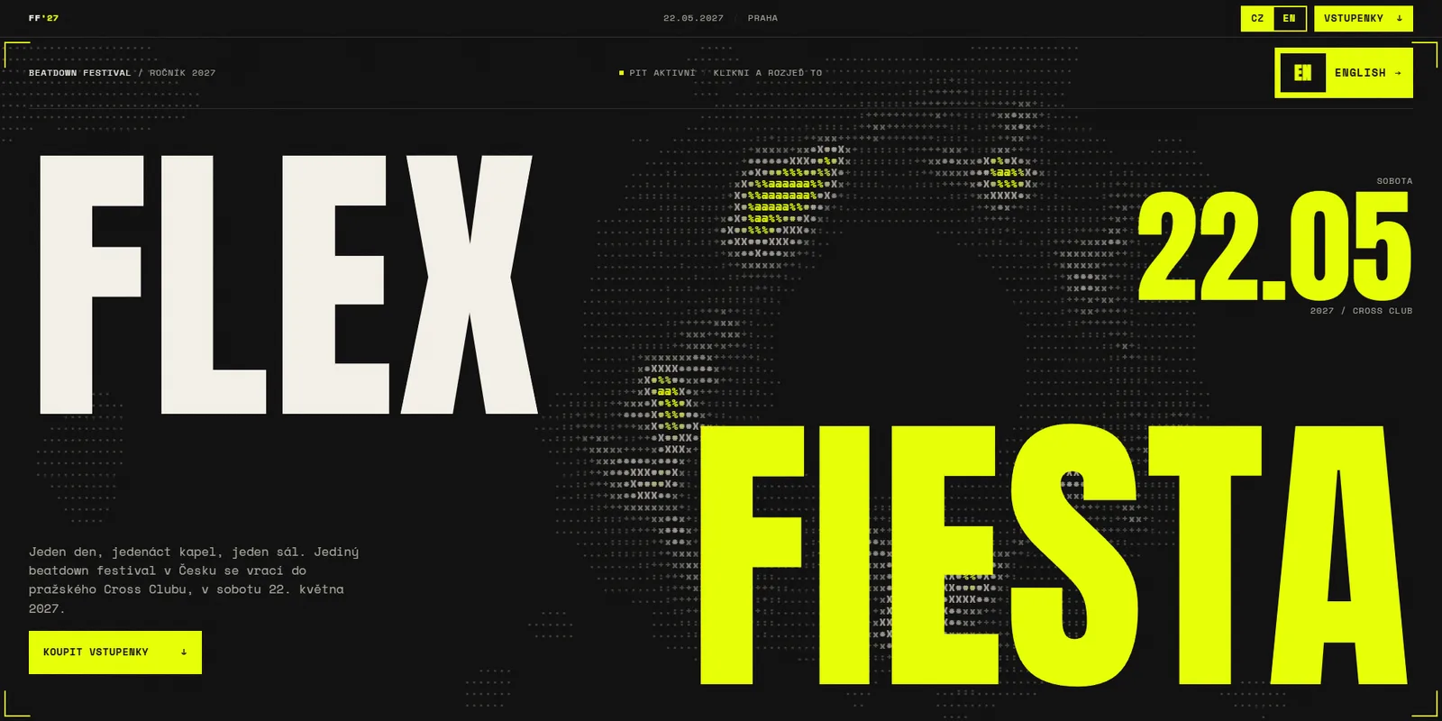 Strona festiwalu Flex Fiesta 2027: gigantyczny napis FLEX FIESTA, data 22.05 i wirujące znaki ASCII na czarnym tle.
