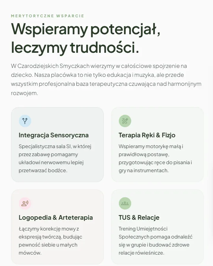 Nowa strona przedszkola Czarodziejskie Smyczki: wyraźny nagłówek, krótki wstęp i cztery czytelne kafelki z zajęciami.